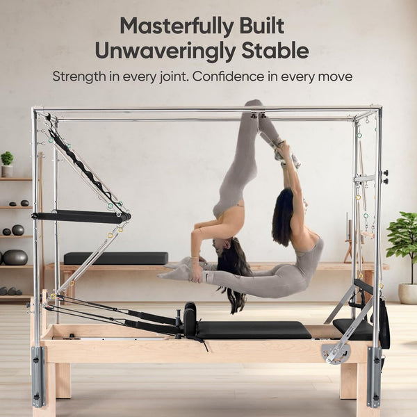 Pilates Reformer Kit Built for Home Studios, Maple Wood Frame, Adjustable Spring Resistance, Trapeze System