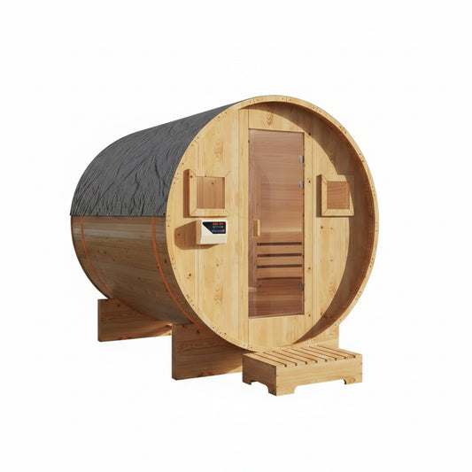 Outdoor Traditional Barrel Sauna Built for Shared Wellness, 4-6 Person Capacity, 6KW Electric Heater, Glass Door