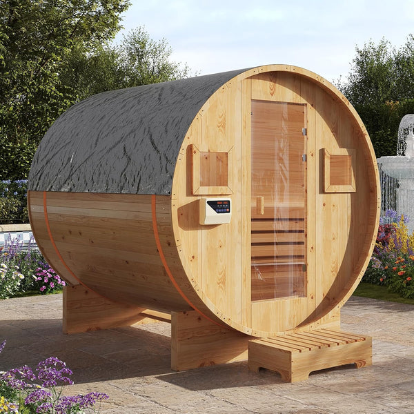 Outdoor Traditional Barrel Sauna Built for Shared Wellness, 4-6 Person Capacity, 6KW Electric Heater, Glass Door