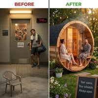 6-Person Patchworkred Cedar Traditional Steam Barrel Sauna — Before & After