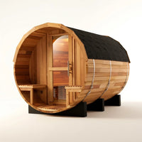 6-Person Patchworkred Cedar Traditional Steam Barrel Sauna — Studio Shot