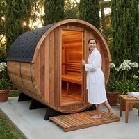 6-Person Patchworkred Cedar Traditional Steam Barrel Sauna — Lifestyle