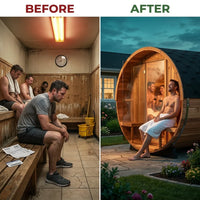 Traditional Barrel Sauna Built for Authentic Steam Heat, 6-Person Capacity, Patchwork Red Cedar, 6000W Heater — Before & After