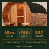 Traditional Barrel Sauna Built for Authentic Steam Heat, 6-Person Capacity, Patchwork Red Cedar, 6000W Heater — Results & Stats