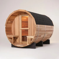 Traditional Barrel Sauna Built for Authentic Steam Heat, 6-Person Capacity, Patchwork Red Cedar, 6000W Heater — Studio Shot