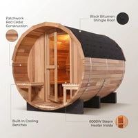 Traditional Barrel Sauna Built for Authentic Steam Heat, 6-Person Capacity, Patchwork Red Cedar, 6000W Heater — infographic