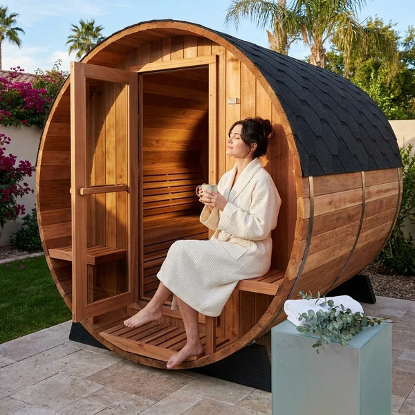 Traditional Barrel Sauna Built for Authentic Steam Heat, 6-Person Capacity, Patchwork Red Cedar, 6000W Heater