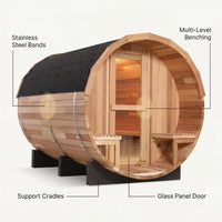 Traditional Barrel Sauna Built for Authentic Steam Heat, 6-Person Capacity, Patchwork Red Cedar, 6000W Heater — How It Works