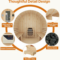 Outdoor Traditional Barrel Sauna Built for Shared Wellness, 4-6 Person Capacity, 6KW Electric Heater, Glass Door